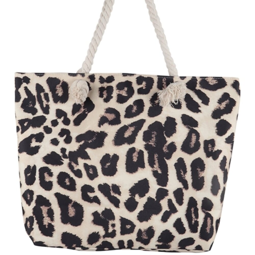 Leopard Print Canvas Tote Bag/ Double Rope Handles - Tan/Blk/Bwn - Style 1 -NWT